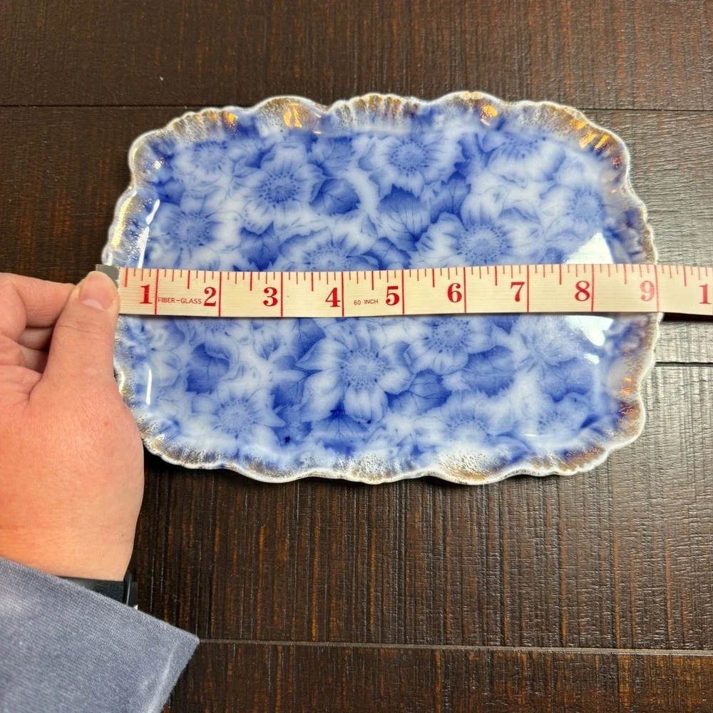 1890s Warwick China Flow Cobalt Blue Floral Tray Scalloped Gold Gilt Vanity Dish